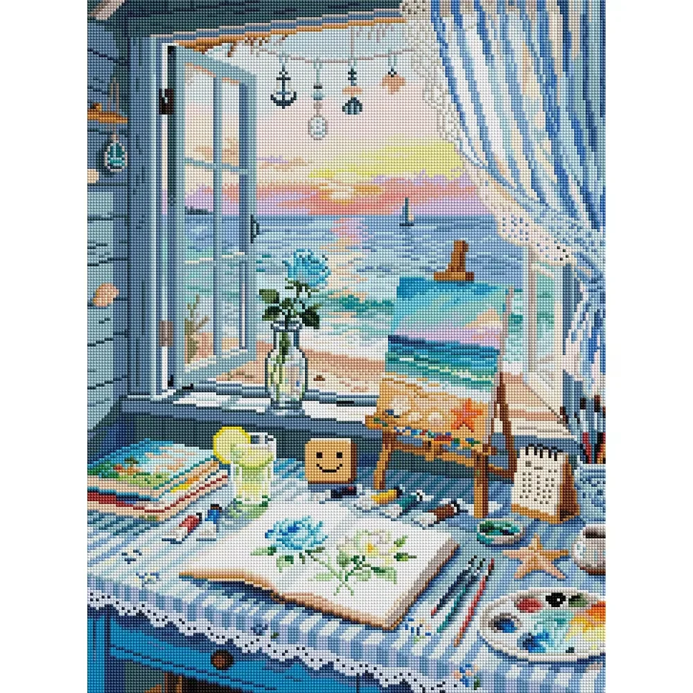 Sommerliche Ruhe am Meer 5D DIY Vollrund/Quadratisch Diamant-Mosaik Handgemachte Kunst Wohnzimmer Schlafzimmer Bar Ästhetische Dekoration