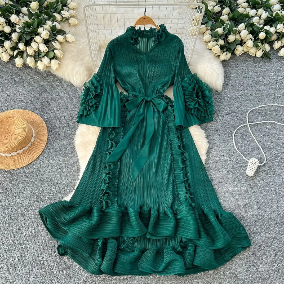 

Miyaki Dress, Plus-Size, Ruched, with Fishbone Detailing, Ruffled Belt, Slim-Fit Midi Dress, Elegant and Casual A-Line Pleated Dress with High Elasticity