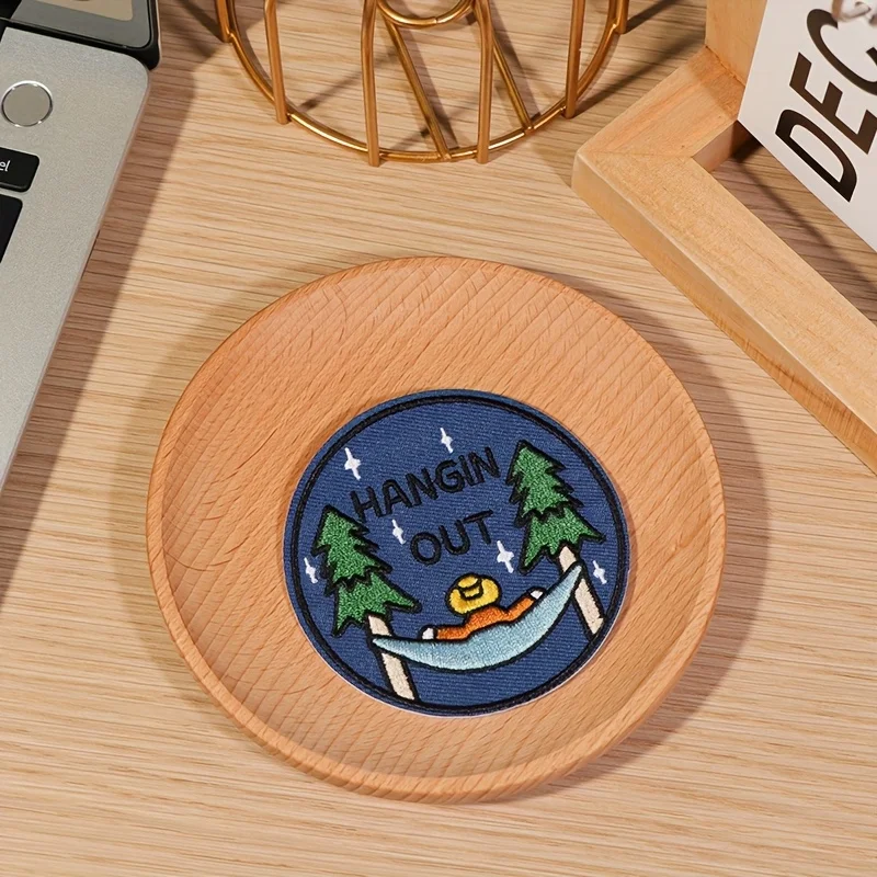 1pc round camping embroidered patch, iron-on, suitable for DIY decoration on clothing, hats, shoes, and bags for outdoor sports