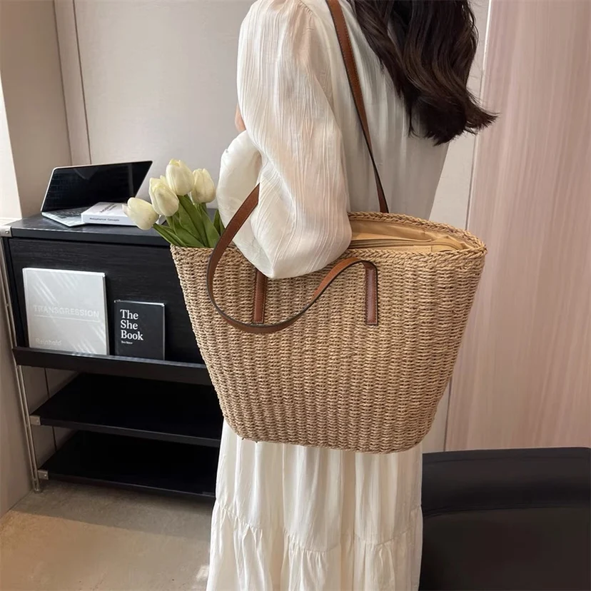 Casual Large Capacity Straw Basket Bag Rope Woven Women Shoulder Bags Handmade Lady Handbags Summer Beach Big Tote Shopper Purse