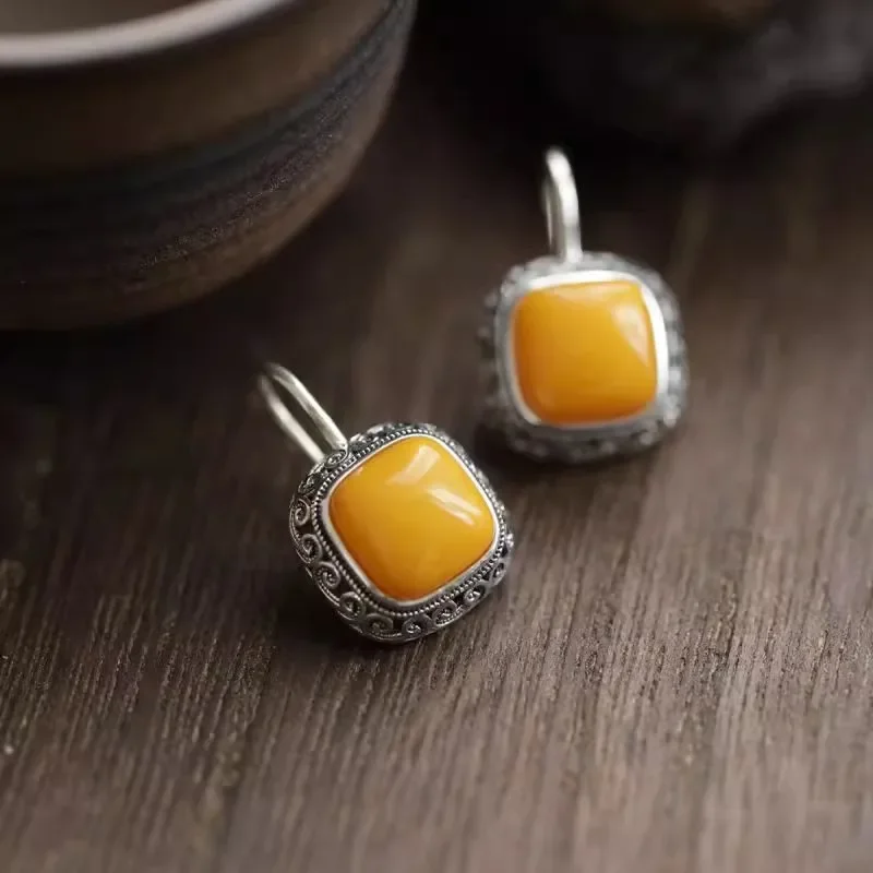 Vintage silver 925 Tang Grass Auspicious Cloud Embossed yellow and red Square earings Honey Wax earrings for women Jewelry