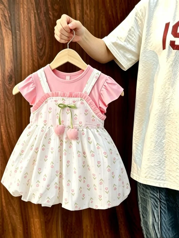 Vestido floral estilo princesa para meninas, roupas leves de verão, moda infantil, saia fina para meninas, versão coreana