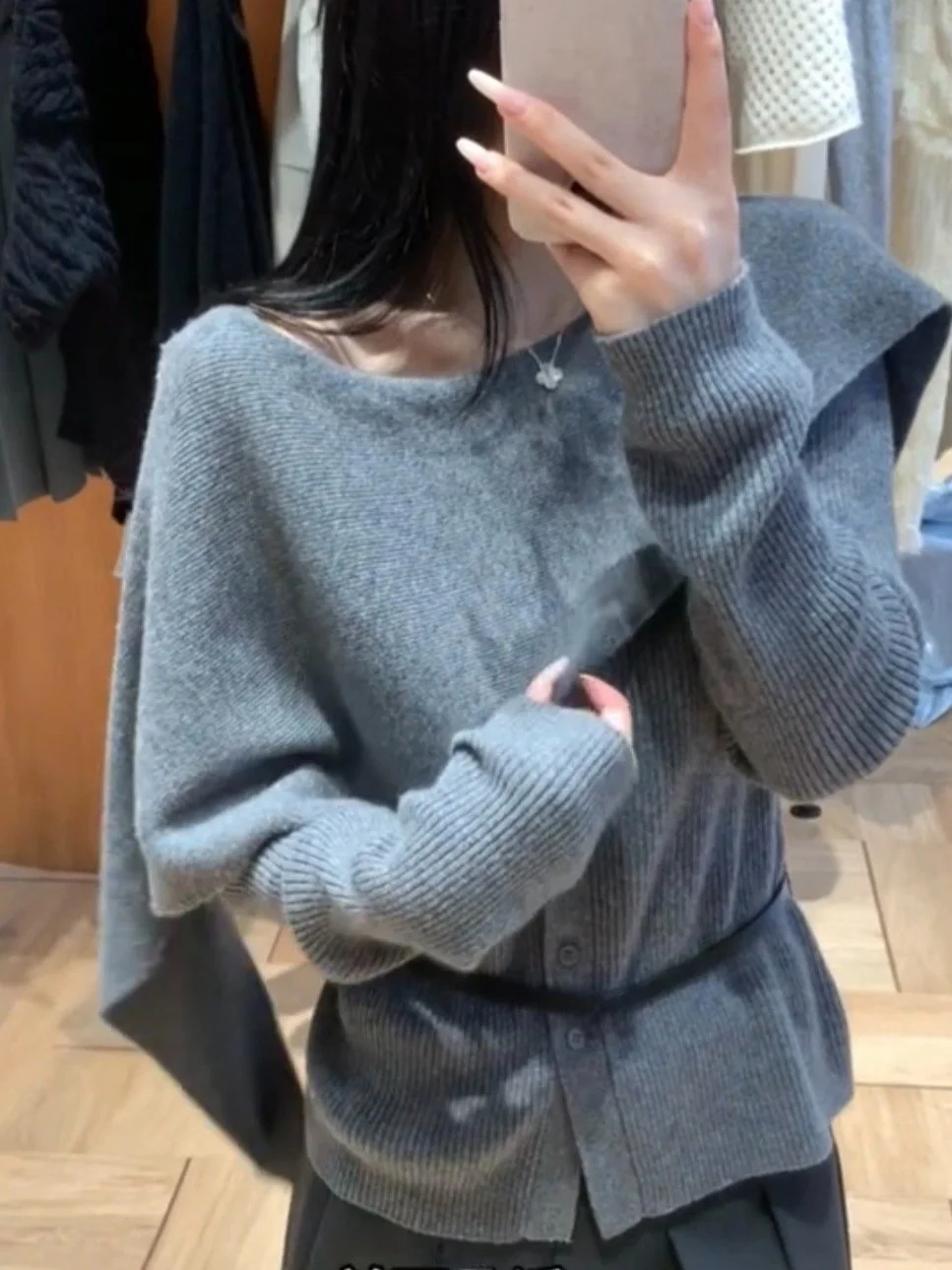 ay سترة مشغولة من الصوف معطف مفتوح من الأمام القلنسوة Ne التفاف المرأة الخريف الشتاء غير النظامية هملين وهمية قطعتين علوية عادية Sle #5