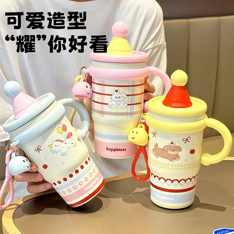

New Handheld Insulated Cup with High Beauty and Cute Student Straw Cup 316 Stainless Steel with Handle Cartoon Ice King Cup