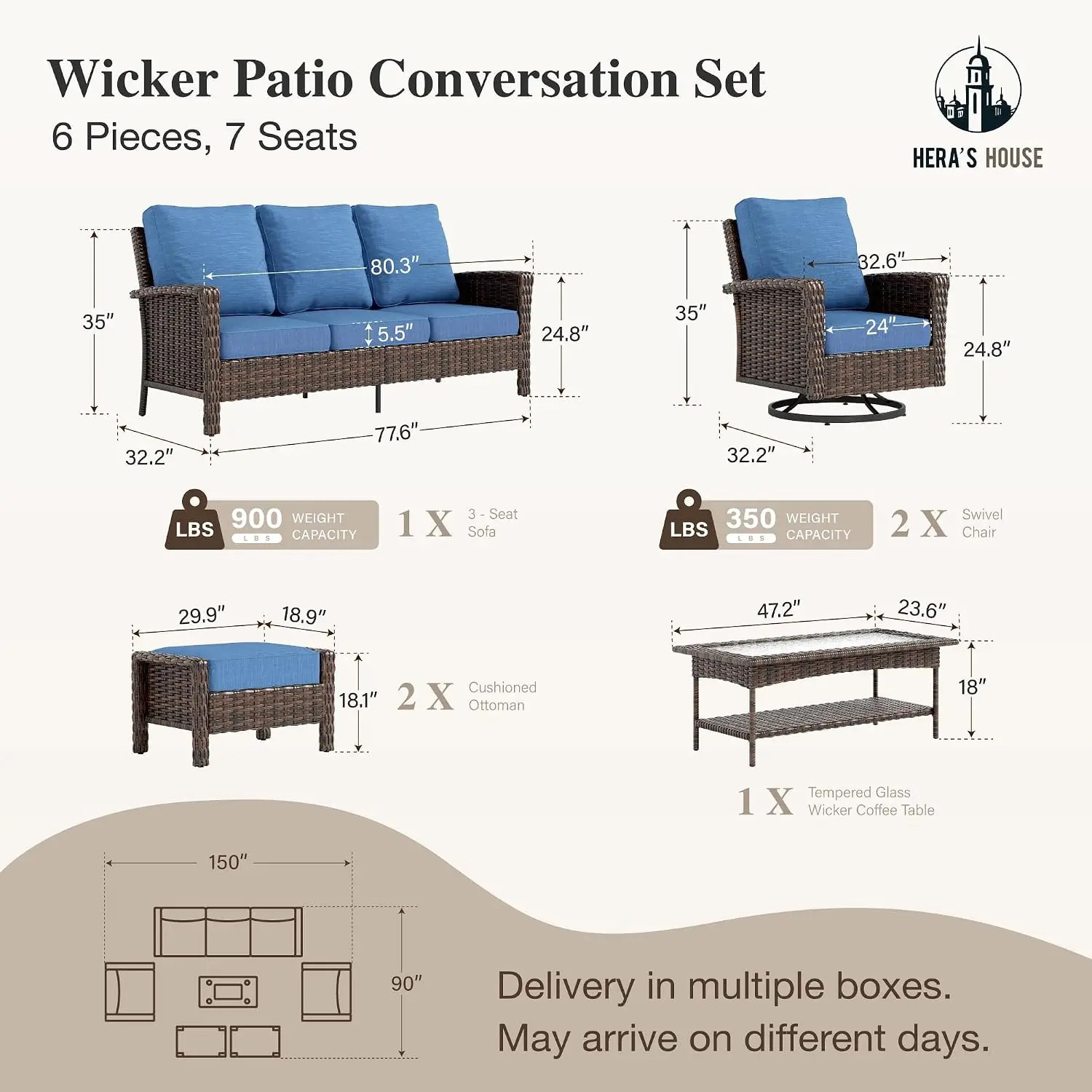 6-Piece Patio Furniture Set with High Back Chairs, Blue, Customized
