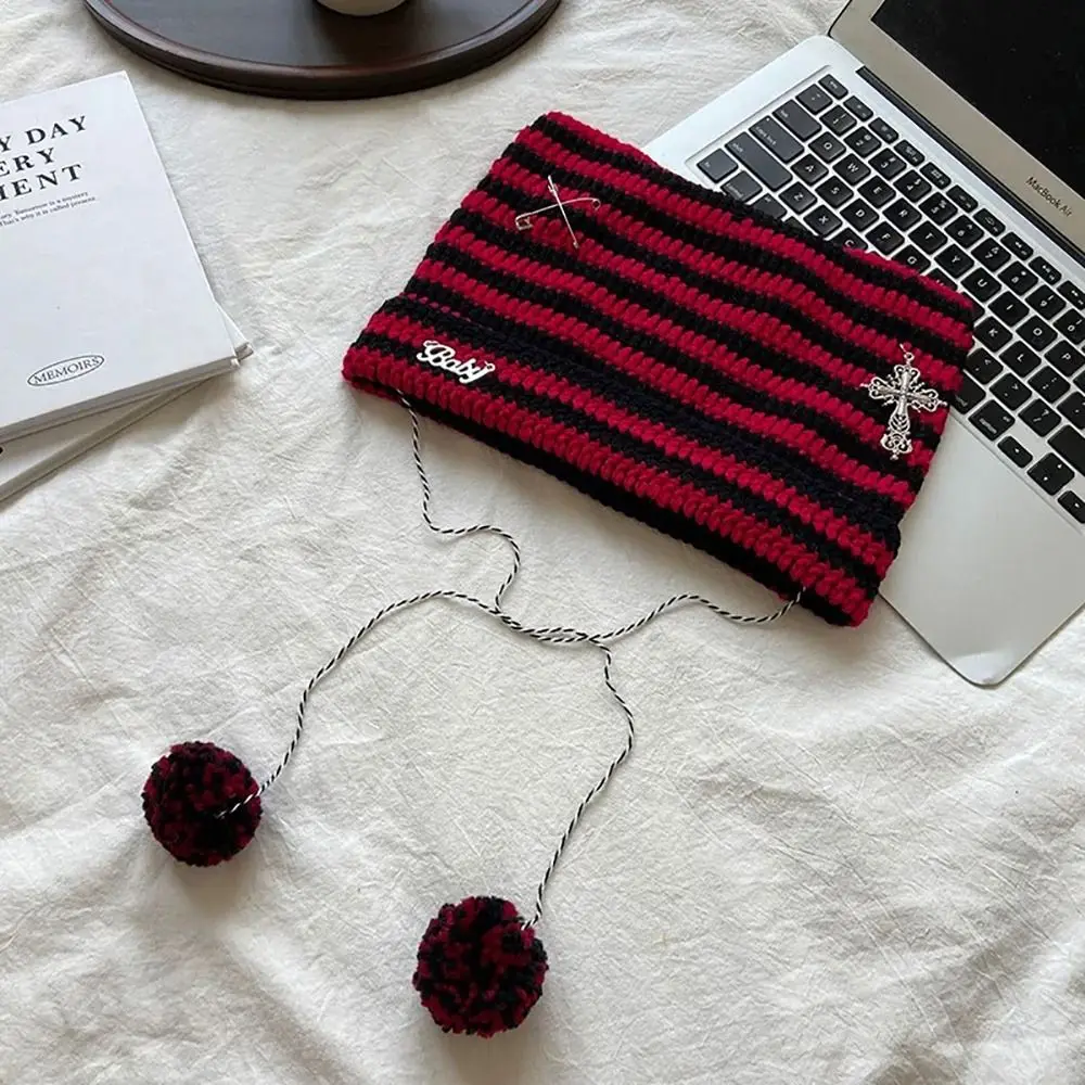 Y2K Beanie Hat Ins Devil Ear Striped Knitted Wool Cap Autumn Winter Hip-hop Crochet Cute Cat Ears Pointed Pullover Women's Hats