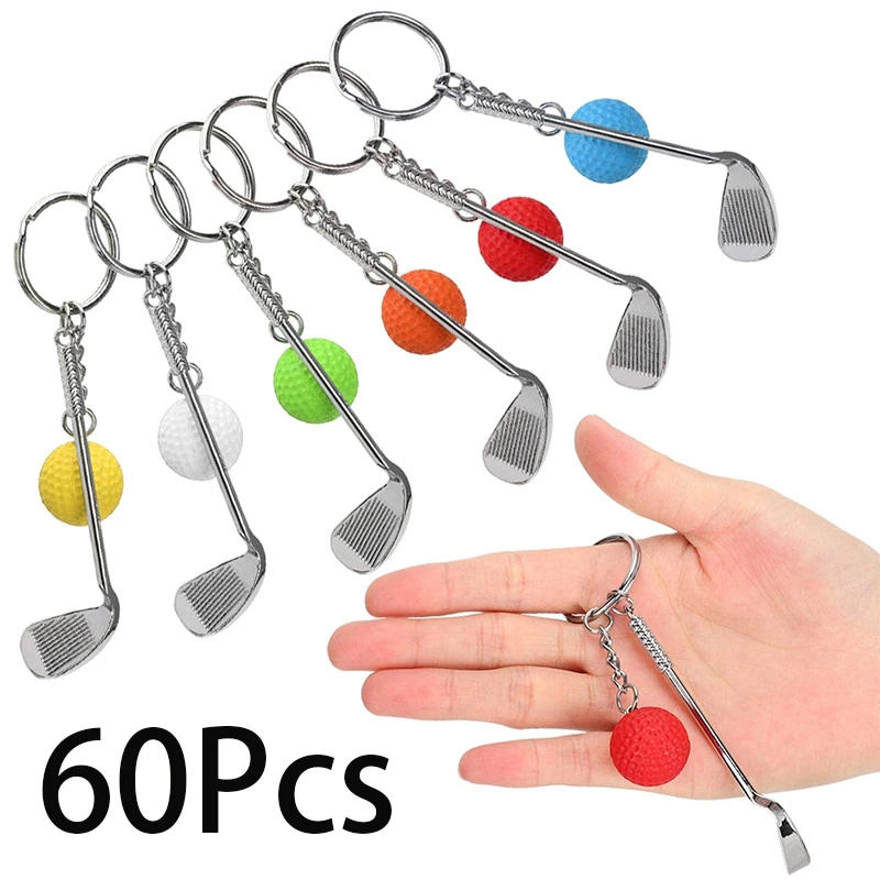 

60Pcs Keychain Mini Golf Racket Ball Pendant Keyring Key Ring Creative Metal Pendant Tennis Key Chain Sports Clubs Gift