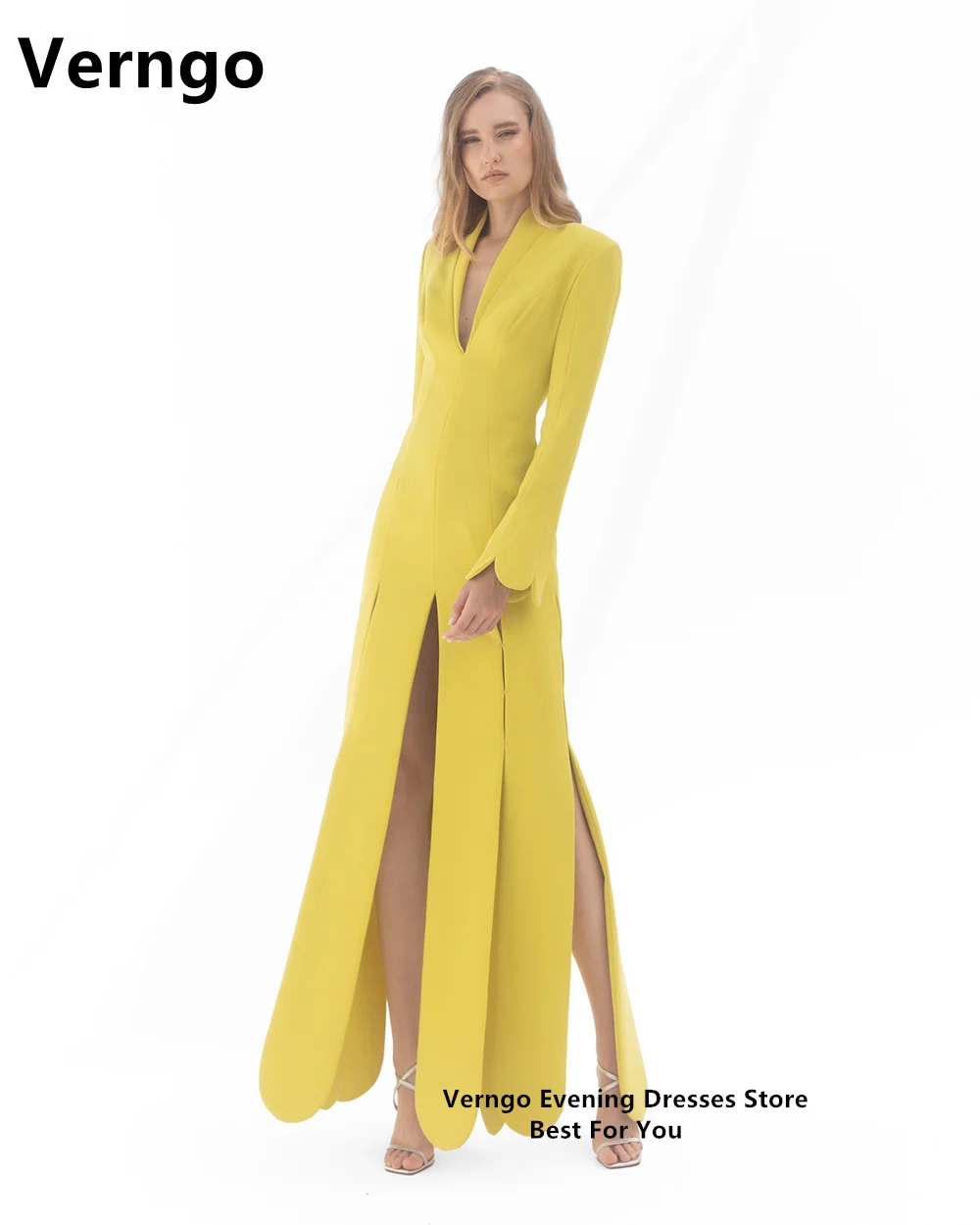 Verngo Yellow Elastic Soft Satin Prom Gowns Women Long Sleeveles Suit Dress Split A Line Formal Gowns Deep V Neck Evening Dress