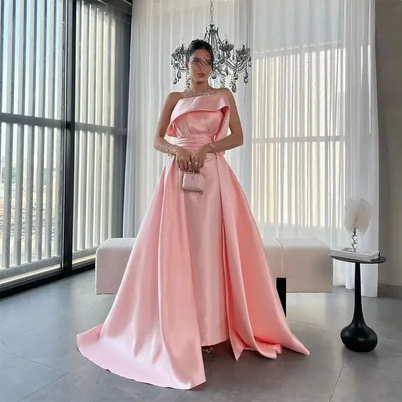 Customize Pink Strapless Prom Dresses Sleeveless Pleated Floor Length Women Evening Gowns Saudi Arabia Wedding Party Dresses