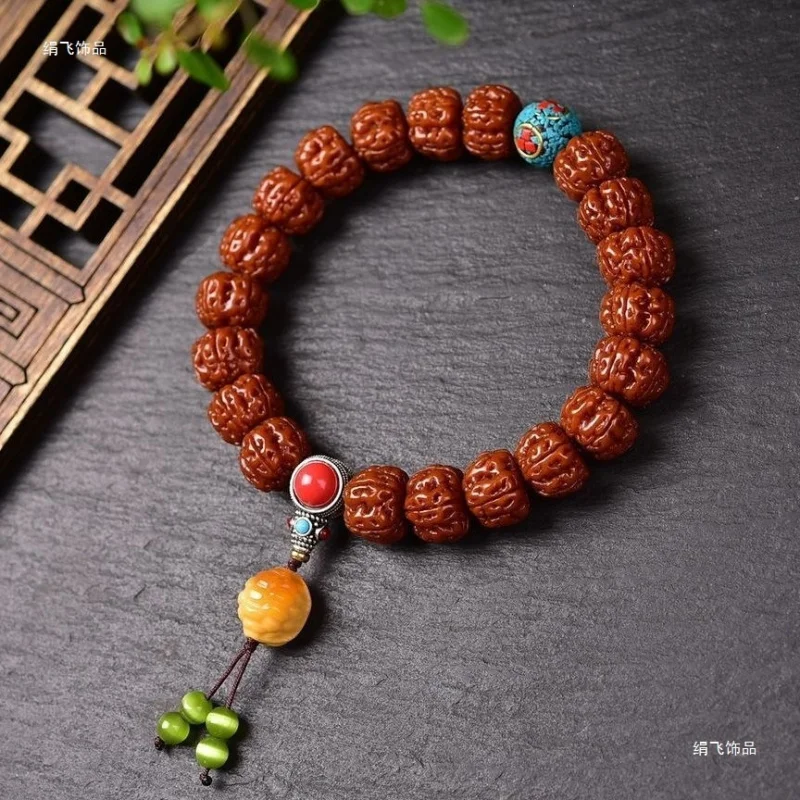 Diamond Bodhi Seed , Fashionable Five-Petal Bracelet, Double Dragon Jade Prayer Beads, Patinaed Trendy Couple's Buddhist