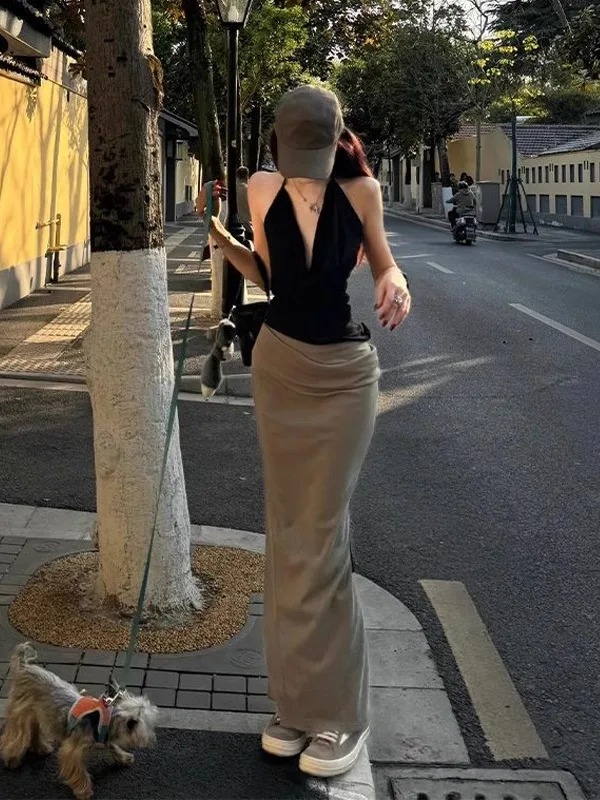 

Korean Style Black V-Neck Halter Top And Skirt Set Women's Summer Fashion Small Size Hot Girl Long Skirt Ensemble