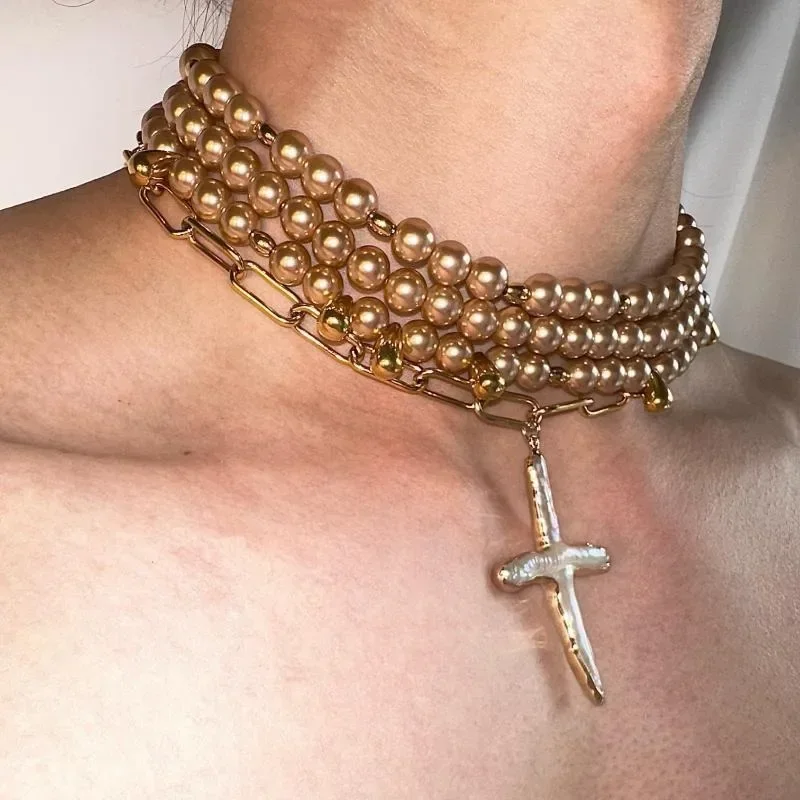 Disordered Gold Pearl Necklace, Baroque Heavy Titanium Steel Choker