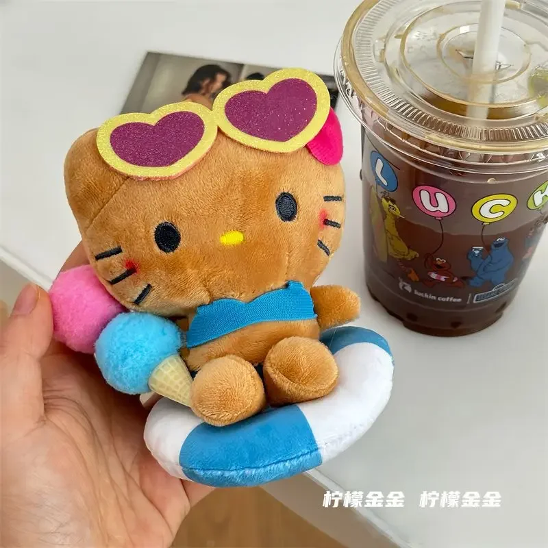 2024 Black Skin Hello Kitty Hawaiian Style Bag Pendant Cartoon Brown Swimming Circle Plush Keychain Kawaii Backpack Decoration