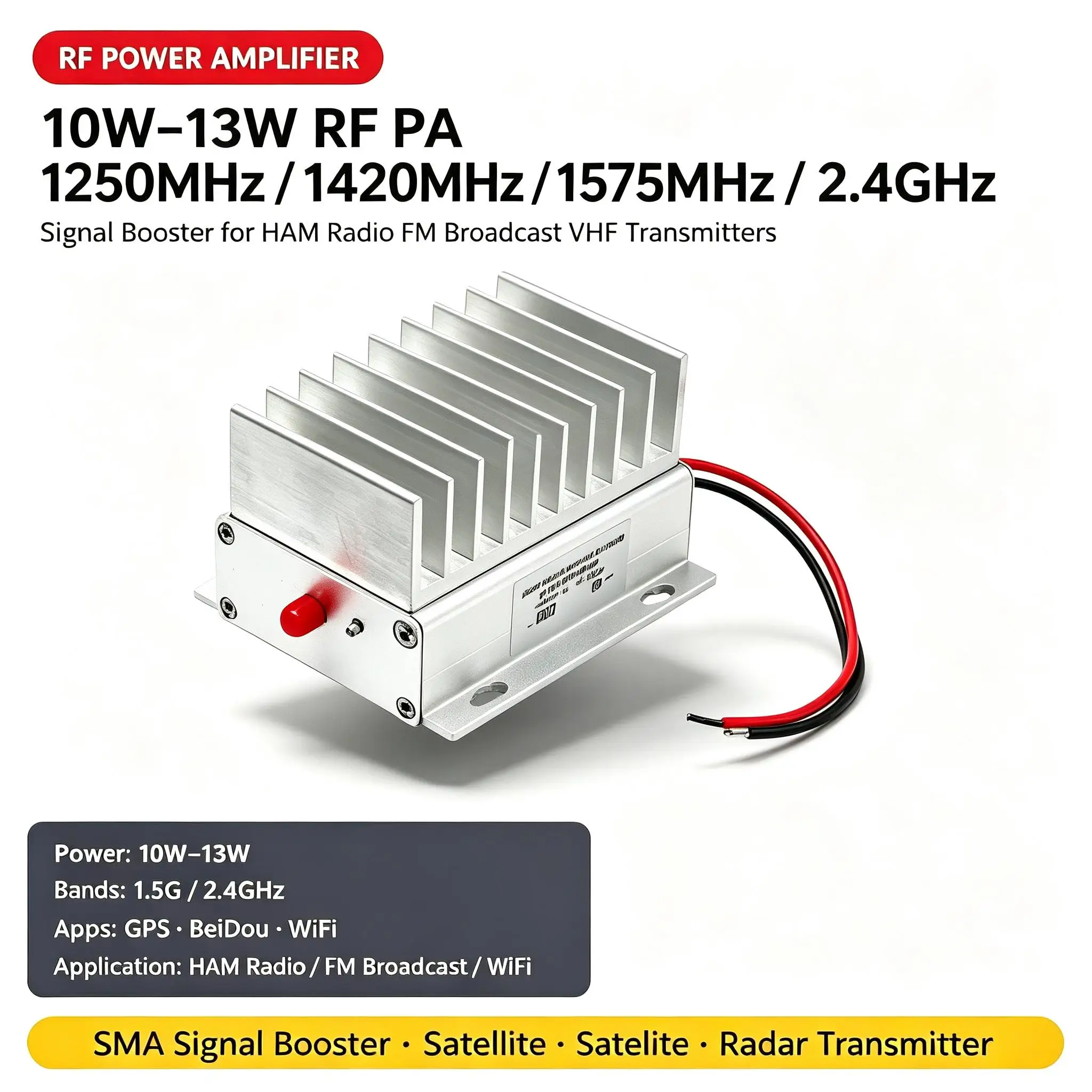 DYKB 10W-13W Multi-Band RF Power Amplifier 1250MHz 1420MHz 1575MHz 2.4G SMA Amp for GPS BeiDou WiFi Satellite Transmitter Radar