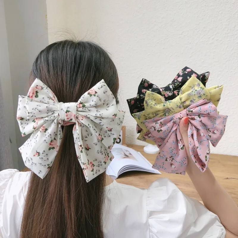 

Korean version fabric chiffon three-layer floral bow back head spring clip hairpin