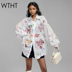 WTHT Fashion New Women's Diamonds Embroidery Flocking Loose Shirt 2025 Spring Trendy Long Sleeves Lapel Blouse Female 1LS677