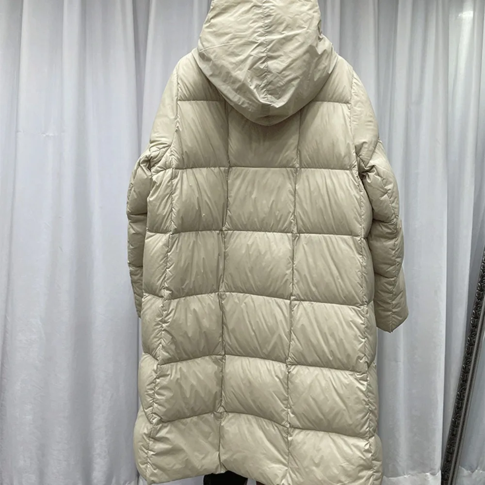 Vintage Women Hooded 90% White Duck Down Jacket 2024 Winter Solid Color Double Zipper Down Coat Loose Casual Thicken Down Jacket