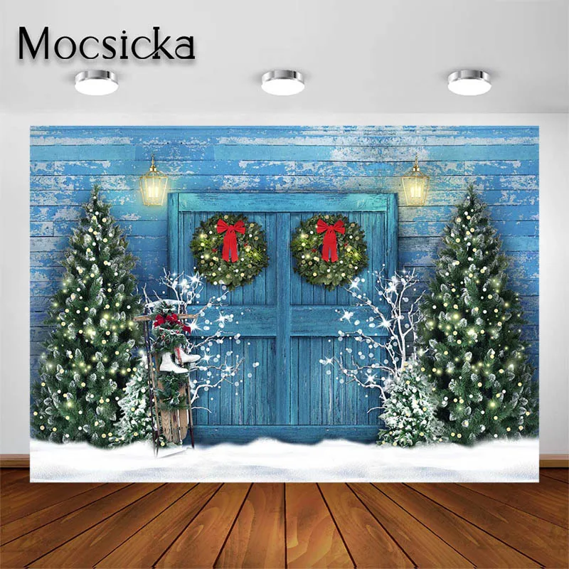 Mocsicka Christmas Photography Decorations Backdrops Winter Vintage Wooden Door Background Kids Adults Portrait Photo Props