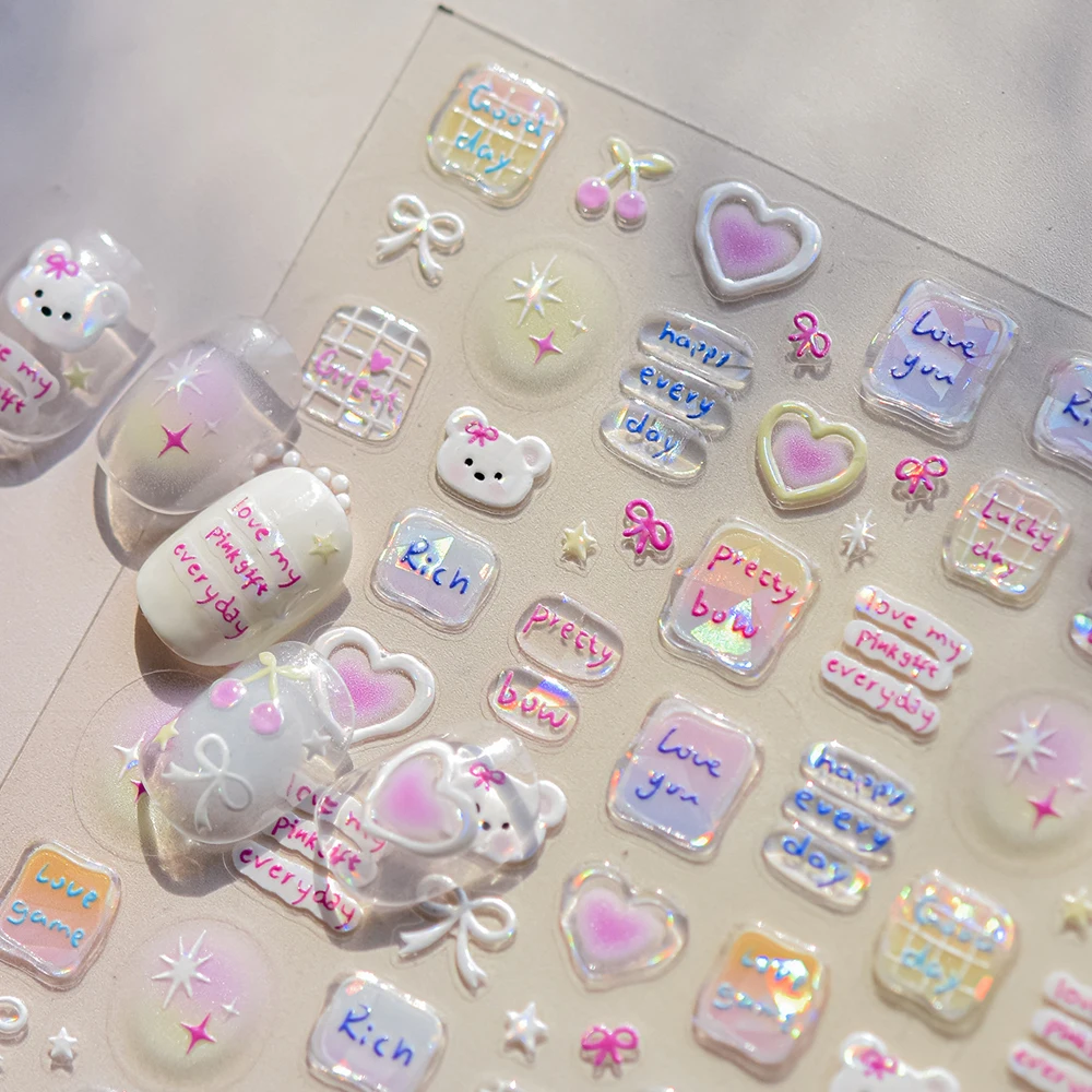 Dulce cachorro perro feliz día lindo cereza estrella rico Rosa amor corazón bonito Bowknot 5D Nail Art pegatina autoadhesiva manicura calcomanía