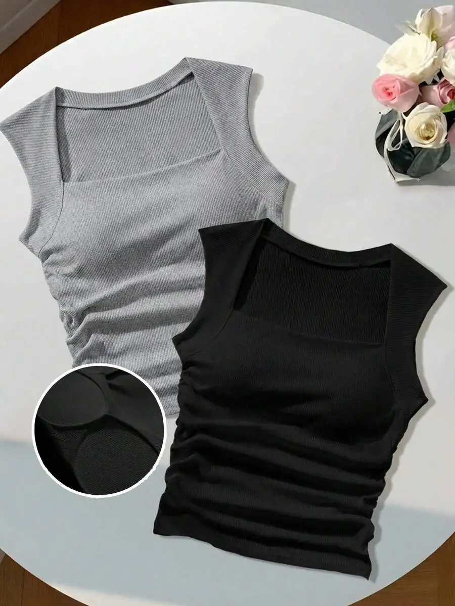 

Comfortcana 2pcs Bra-Free Padded Slim Fit Sexy Women Tank Top, Built-In Bra