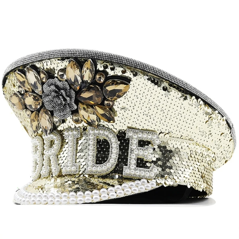 

Bride Hat Pearls Captain Hat Encrusted Golden Rhinestones BRIDR