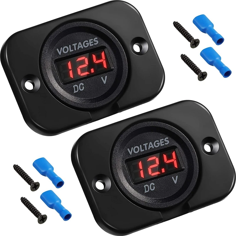 Promotion! 2 Pieces DC12V-24V Waterproof Car Voltmeter With LED Digital Display And Mounting Plate, Round Voltage Meter (Red Lig