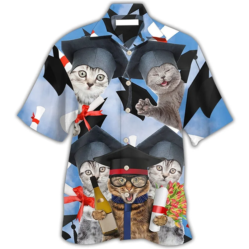 Cute Cat Graphic Hawaiian Shirt For Men 3D Printed Animal Shirts Summer Street Short Sleeves Tops Cool Lapel Button Blouse