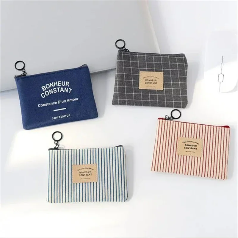 Unisex Canvas Stripe Coin Bag Purse Women Coin Money Card Holder Wallet Case Zipper Key Storage Pouch For Kid Girl Gift