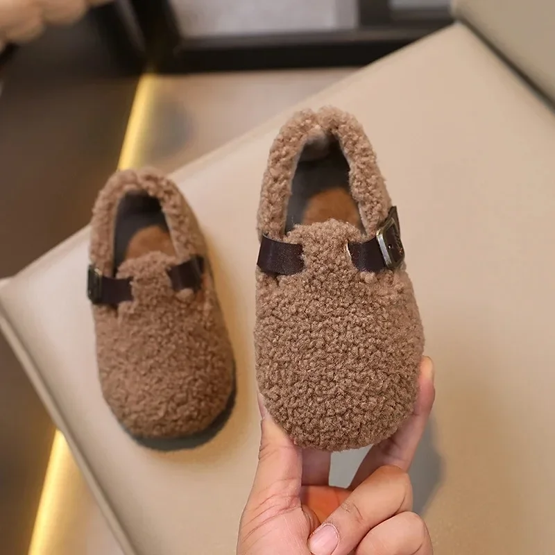 Winter Children Flat Shoes Fluffy Buckle Round Toe Leisure Kids Loafers Warm Hook-loop 21-30 Chic Three Colors Boys Girls Shoe