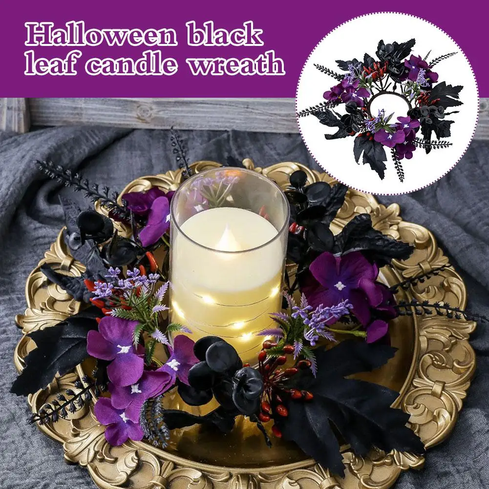 Halloween Black Leaf Candle Wreath Candlestick Pumpkin Desktop Decoration Ornament Halloween Garland Supplies Artificial H1k6