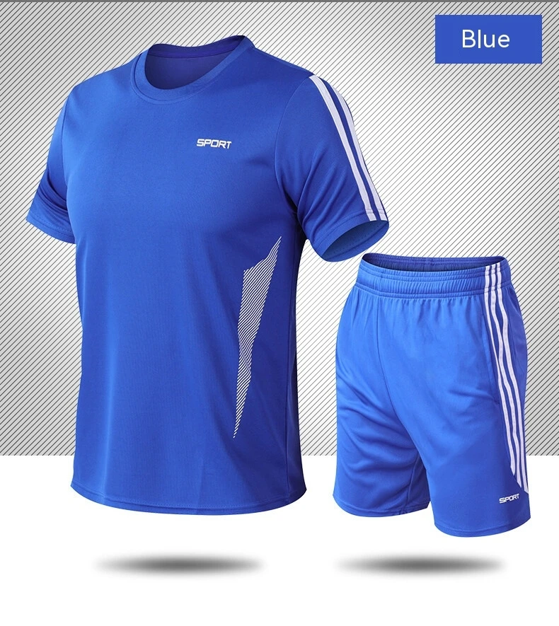 Summer sports set with three stripes, short sleeved shorts, loose running, quick drying and breathable for men and women