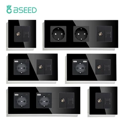 BSEED Sockets TV CAT6 Power Socket EU Standard TV Internet RJ45 PC Connections USB C Electric Wall Sockets Black Glass Frame