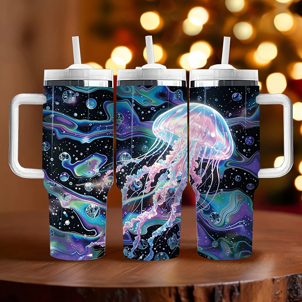 40Oz Insulated Tumbler with Handle, Glowing Jellyfish Print, Suitable for Men And Women, Ideal As Holiday Birthday Gift, Long-Term Heat Preservation, Perfect for Daily Use, Outdoor Travel, And Activities