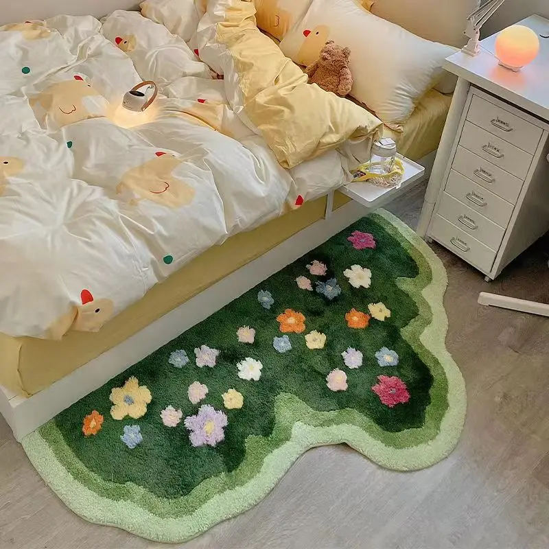 Soft Green Lawn and Flowers Bedroom Carpet Cute Children\'s Bedside Rug Kids Non-Slip Baby Playmats Floor Mat Living Room Mats