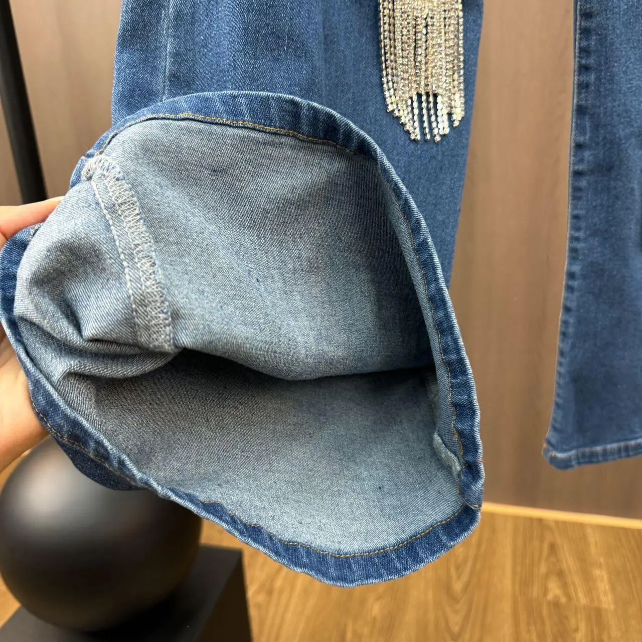 YUERWANG Frauen Jeans 2025, Frühling Herbst Diamant Quaste Design Gerade Jeans Mode Alle Spiel Lose Beiläufige Lange Denim Hosen Neue