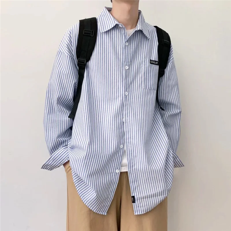 

Casual Striped irt Men's Loose Fit Turn-down Collar Teenager Casual Outerwear Spring New Sle Japanese Sle Hong Kong Sle