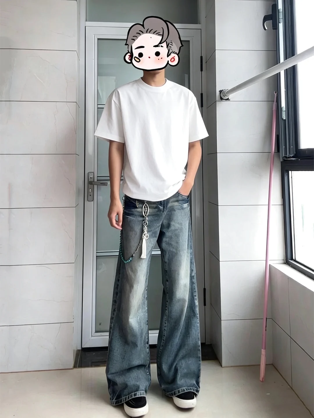 

Light Blue Lightning Pattern Flared Jeans Men's High Street Sle Slim Fit Straight Leg Jeans CleanFit Casual Denim Pants