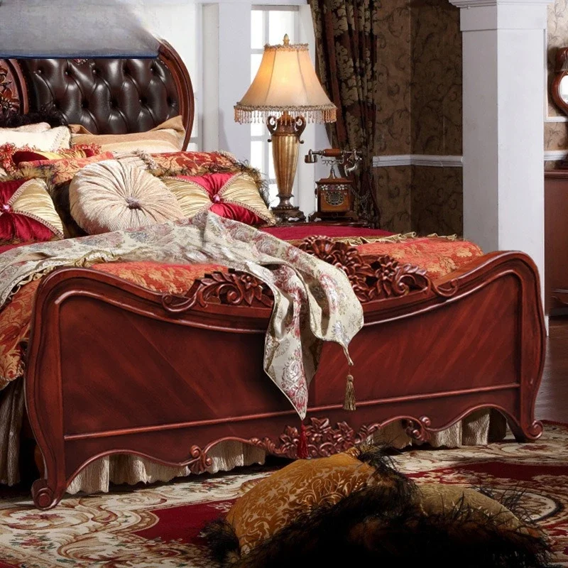Американская светлая роскошная кожаная кровать, атмосферный брак, двуспальная кровать с цветком из лежачего дерева