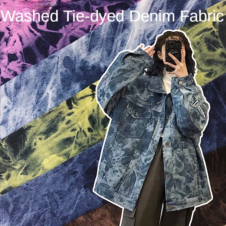 Washed Tie-dyed Denim Fabric By The Meter for Jeans Clothes Coats Sewing Thickened Blue Black Cotton Cloth Designer Diy Fashion