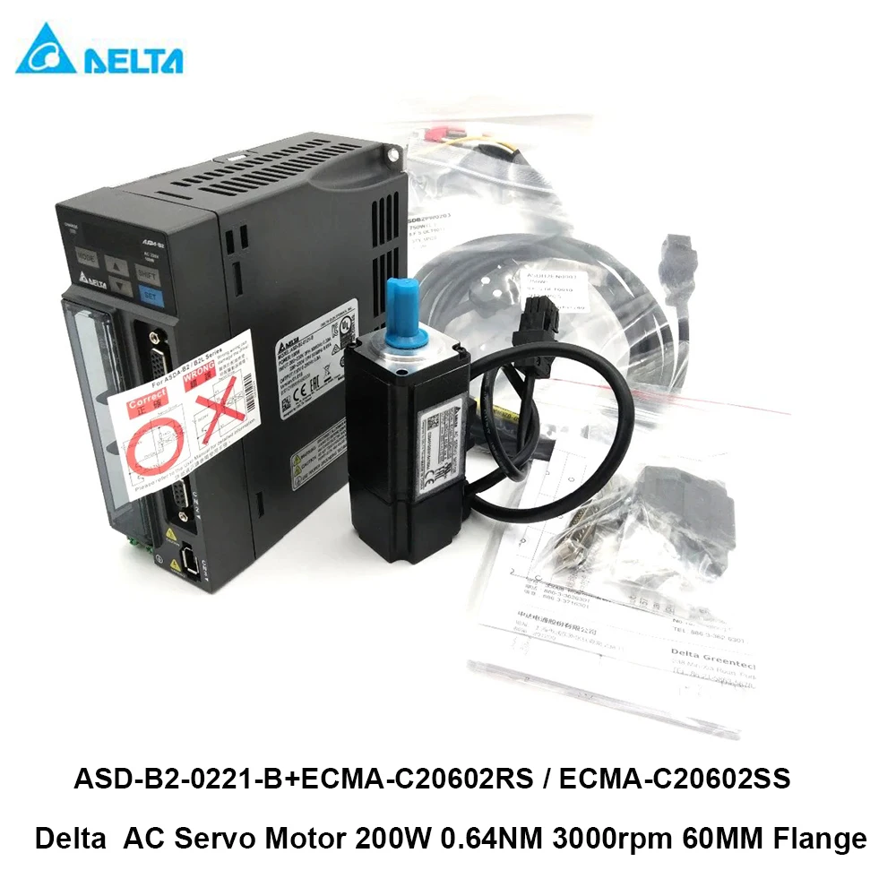 Delta-ac Servo Motor Drive com Freio Incremental 200w 0.64nm 3000rpm 60 mm 16bit Asd-b20221-b Ecma-c20602rs Ecma-c20602ss