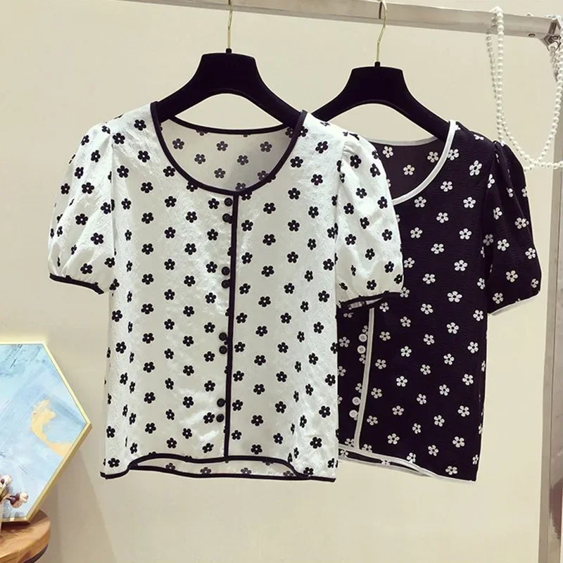 

Floral Print Cotton O-Neck Short Sleeve Single Breasted Women's Blouse Shirt Korean Fashion Female Clothing Tops 2024 Summer P48