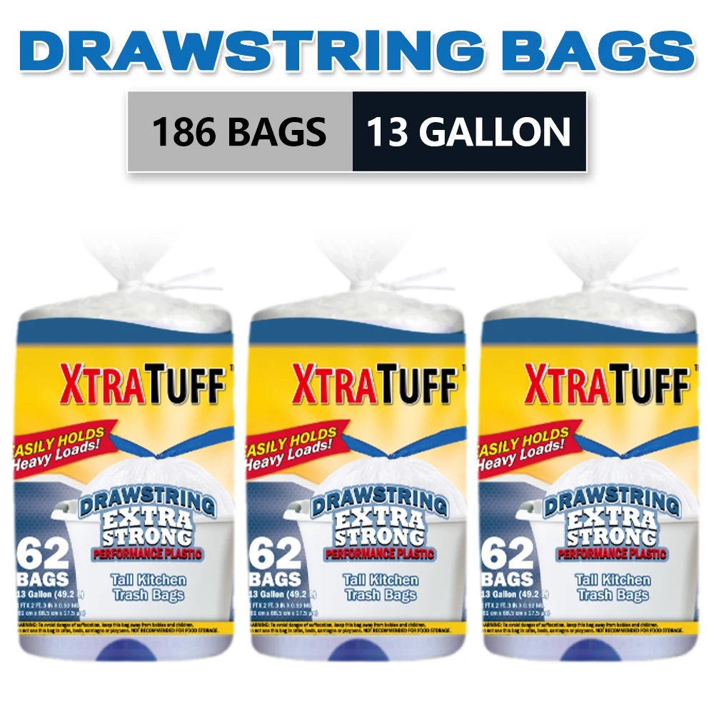 

Xtratuff Tall Kitchen Drawstring Trash Bags 13 Gallon BPA FREE Garbage Bags 186 Count Strong Rubbish Bag for Home Office