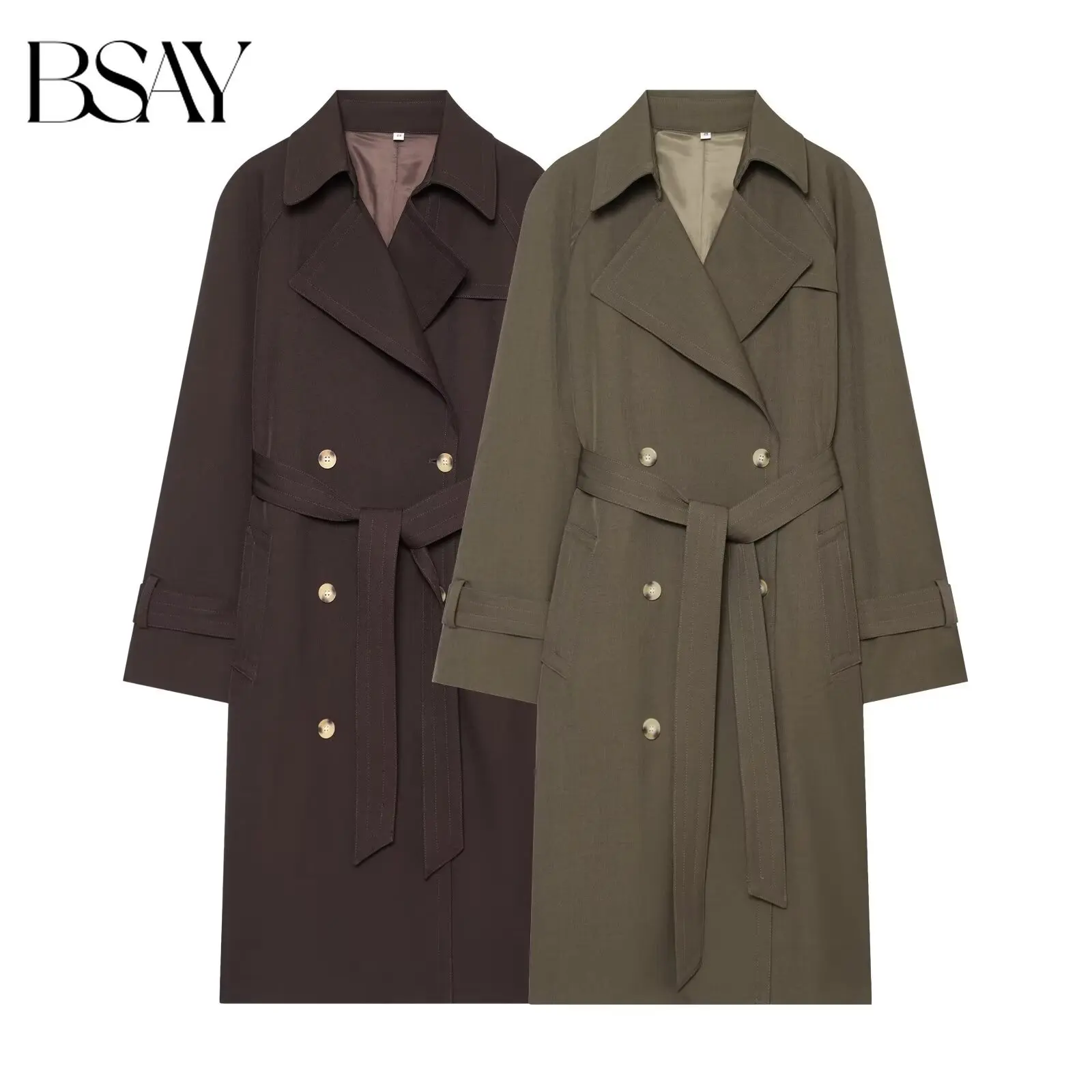 BSAY 2026 New Elegant Women Long Trench Coat Lapel Collar Double Breasted Waist Belt Raglan Sleeve Casual Windbreaker Outerwear