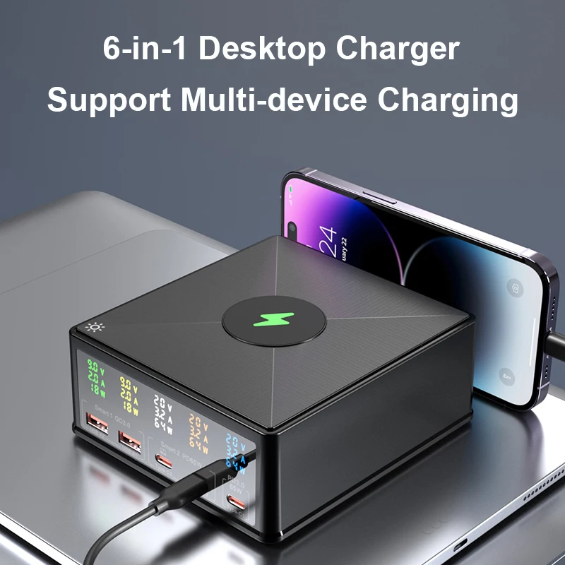 160W 5 Port Charging Station with 15W Wireless Charger Separate Display USB-C PD65W QC3.0 Fast Charger For iPhone Laptop Macbook