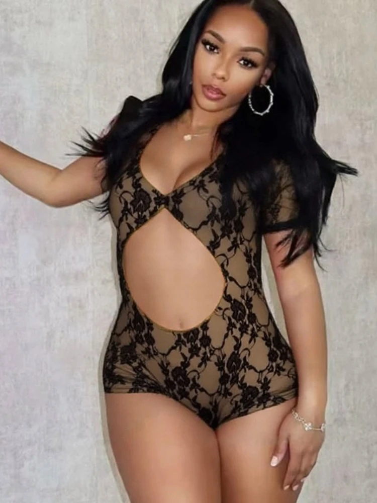 

Sexy Cut Out Backless Playsuits Women's 2025 Summer Short Sleeve Lace Bodysuits Night Club Outfit Black Rompers Skinny Overalls
