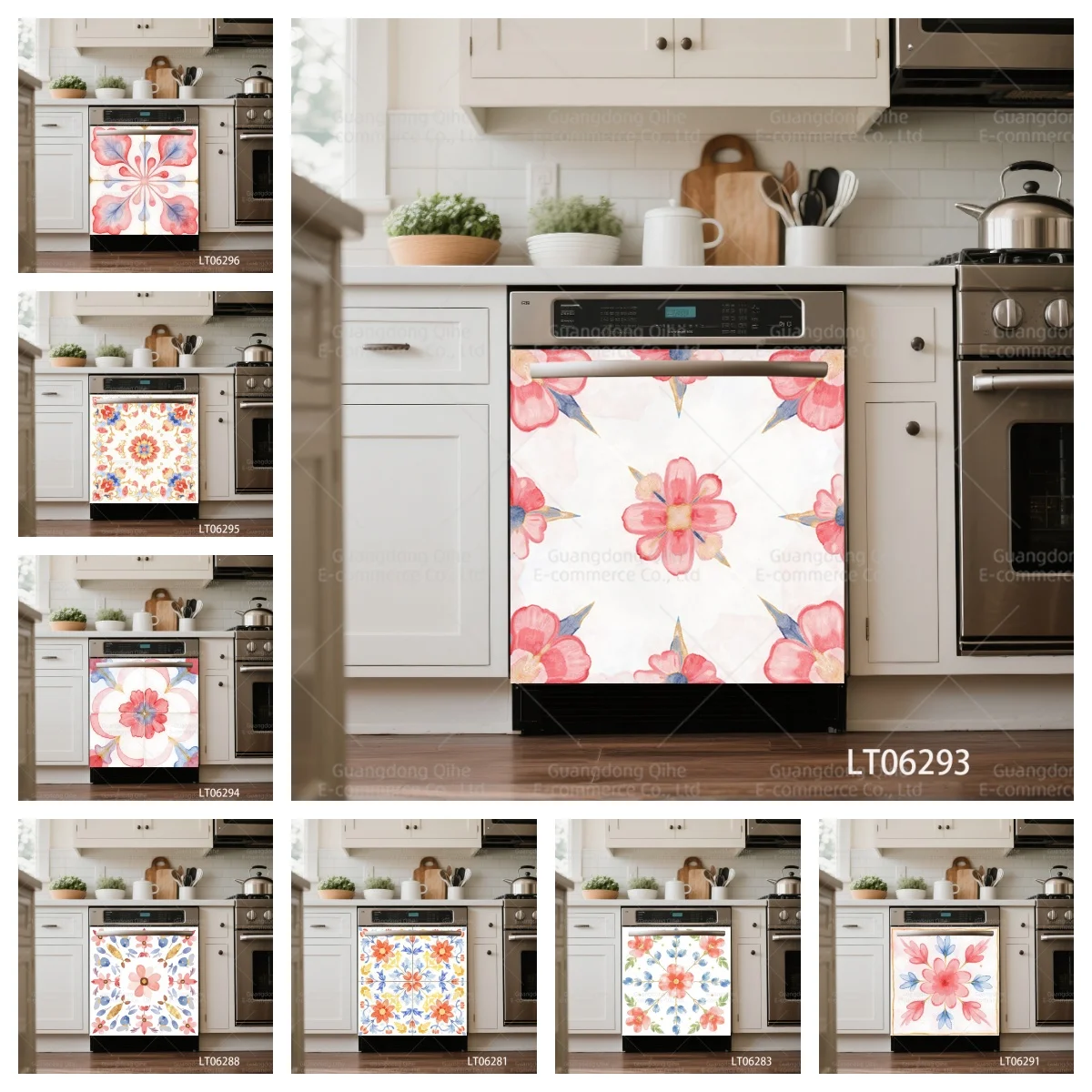 

Boho Watercolor Floral Dishwasher Cabinets Cover Sticker Colorful Flower Tile Decals for Kitchen (Multiple Patterns Available)