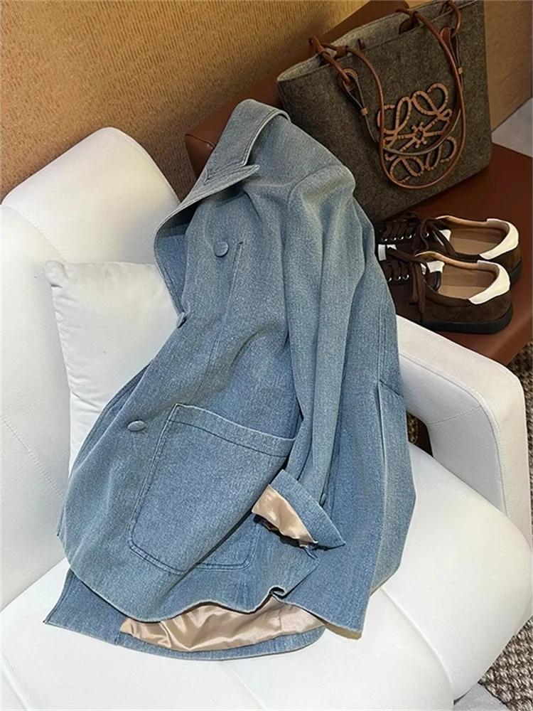 Jaqueta Masculina Azul Solta Estilo Coreano Casual Versátil de Outono Inverno com Toque Sofisticado para Combinar com Todos os Jeans