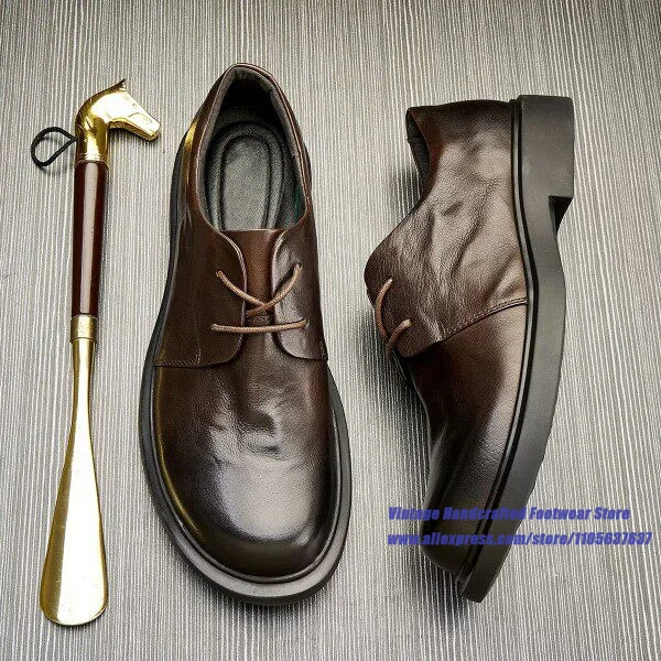 Men's Brown Leather Derby Shoes Soft Cowhide Round Toe Lace-Up Thick-Soled Formal Dress Shoes Vintage Handcrafted Men's Shoes