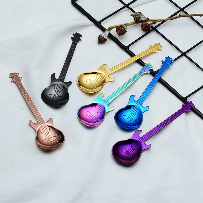 A50I Guitar Coffee Spoons 6-Pack Creative Cute Spoons Stainless Steel Teaspoons Guitar Shaped (Multi-Color)