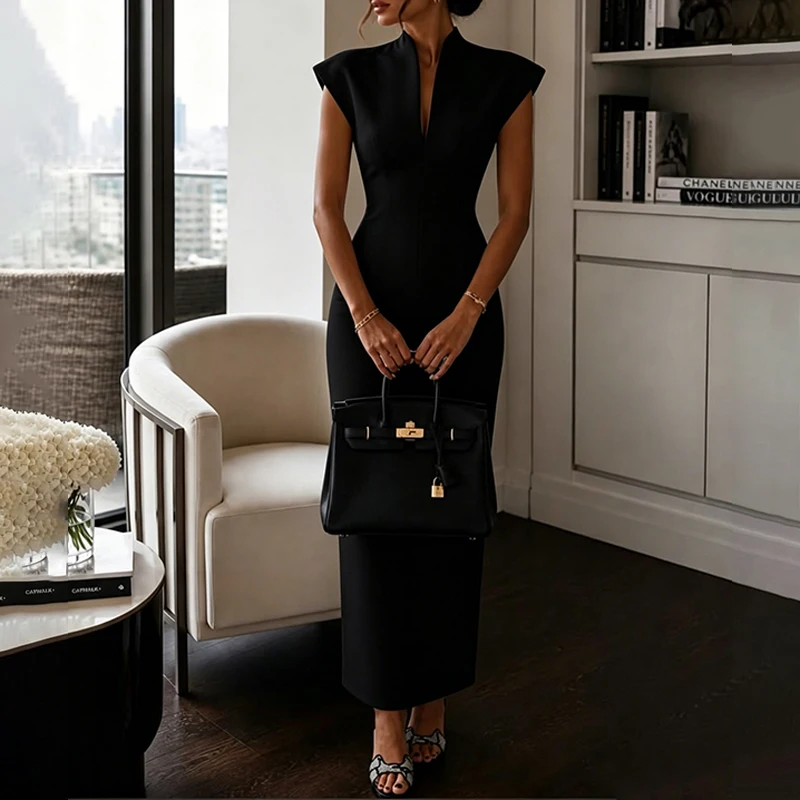 OMSJ Solid Temperament Dress Women Sleeveless Slim V Neck High Waist Vestidos Elegant Formal Party Outfit Chic 2026 New Arrivals